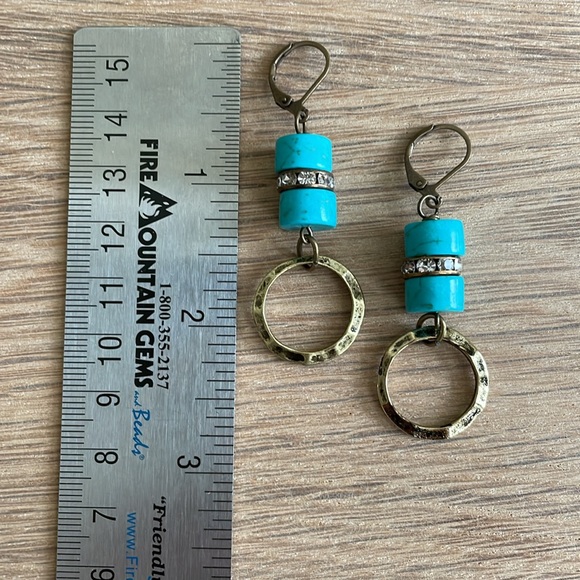 HANDCRAFTED HOOP EARRINGS Antiqued Brass  Crystal Rondelles  Turquoise - Picture 3 of 12